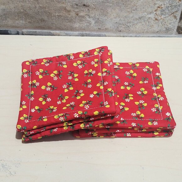 Fabric Coasters Mug Rugs Set of 6 Cotton Red Floral - Picture 5 of 8